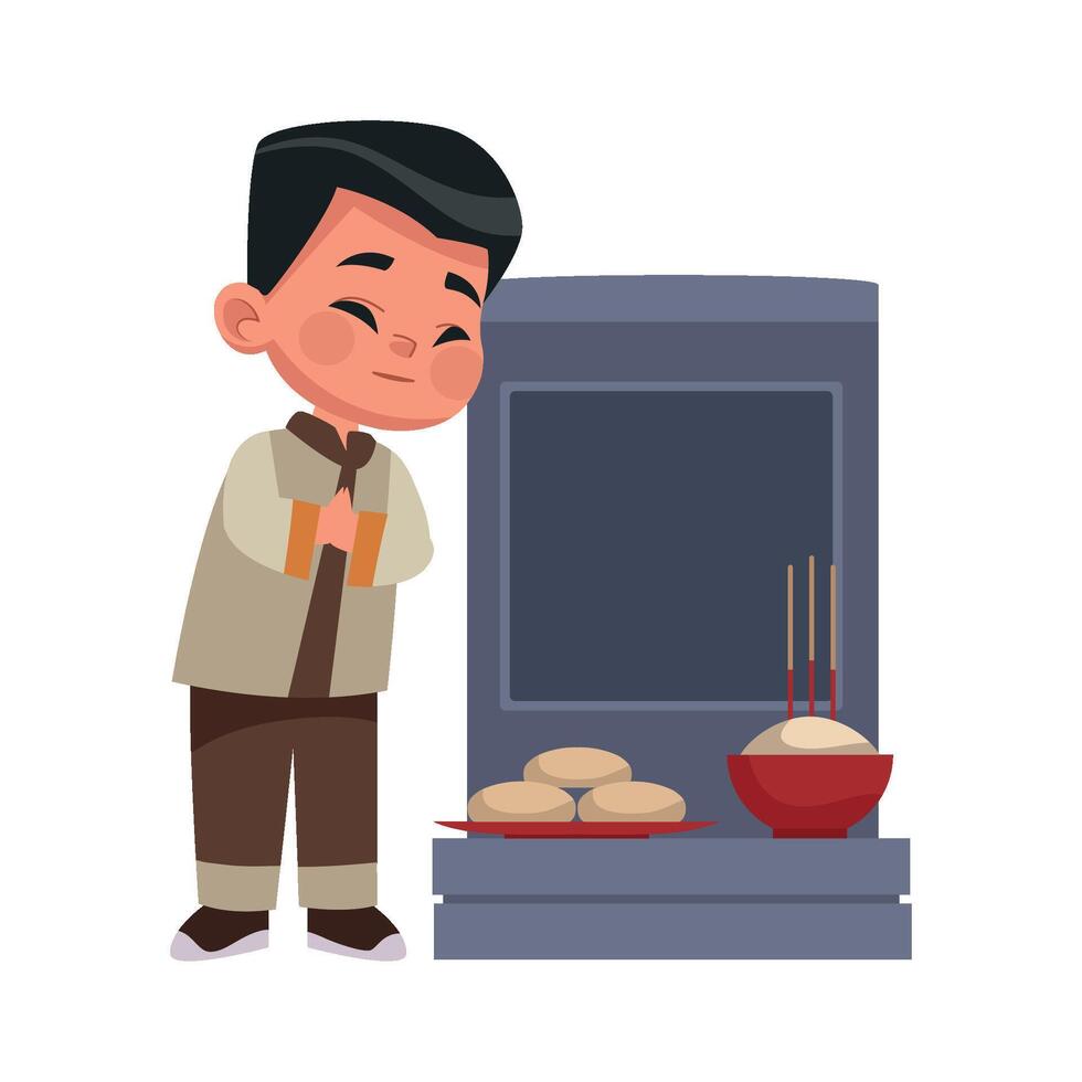 A cartoon chinese boy standing near a stove with food vector