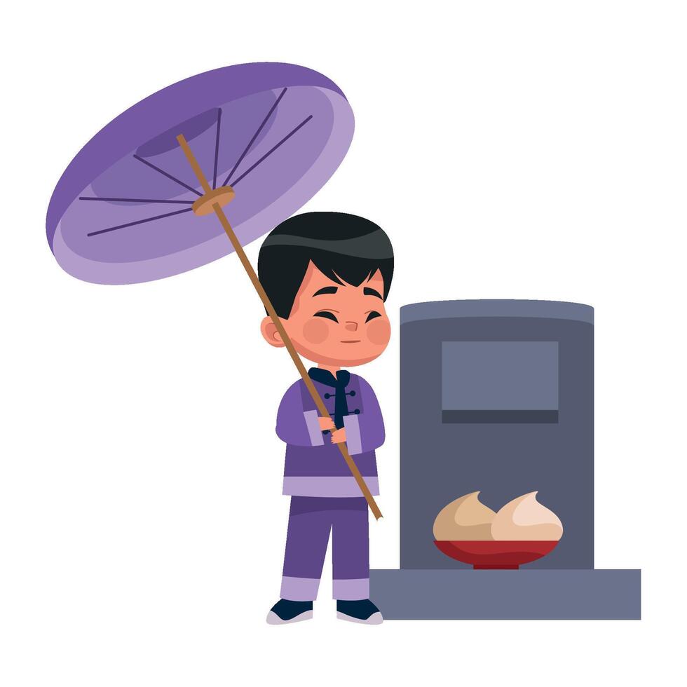 A boy in purple clothes holding an umbrella vector