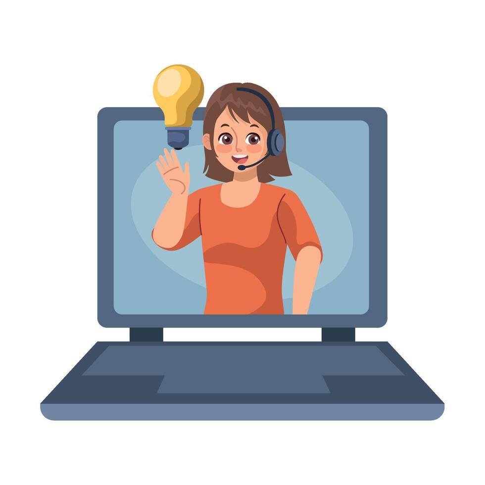 Call center operator with light bulb on laptop screen, call center concept illustration vector