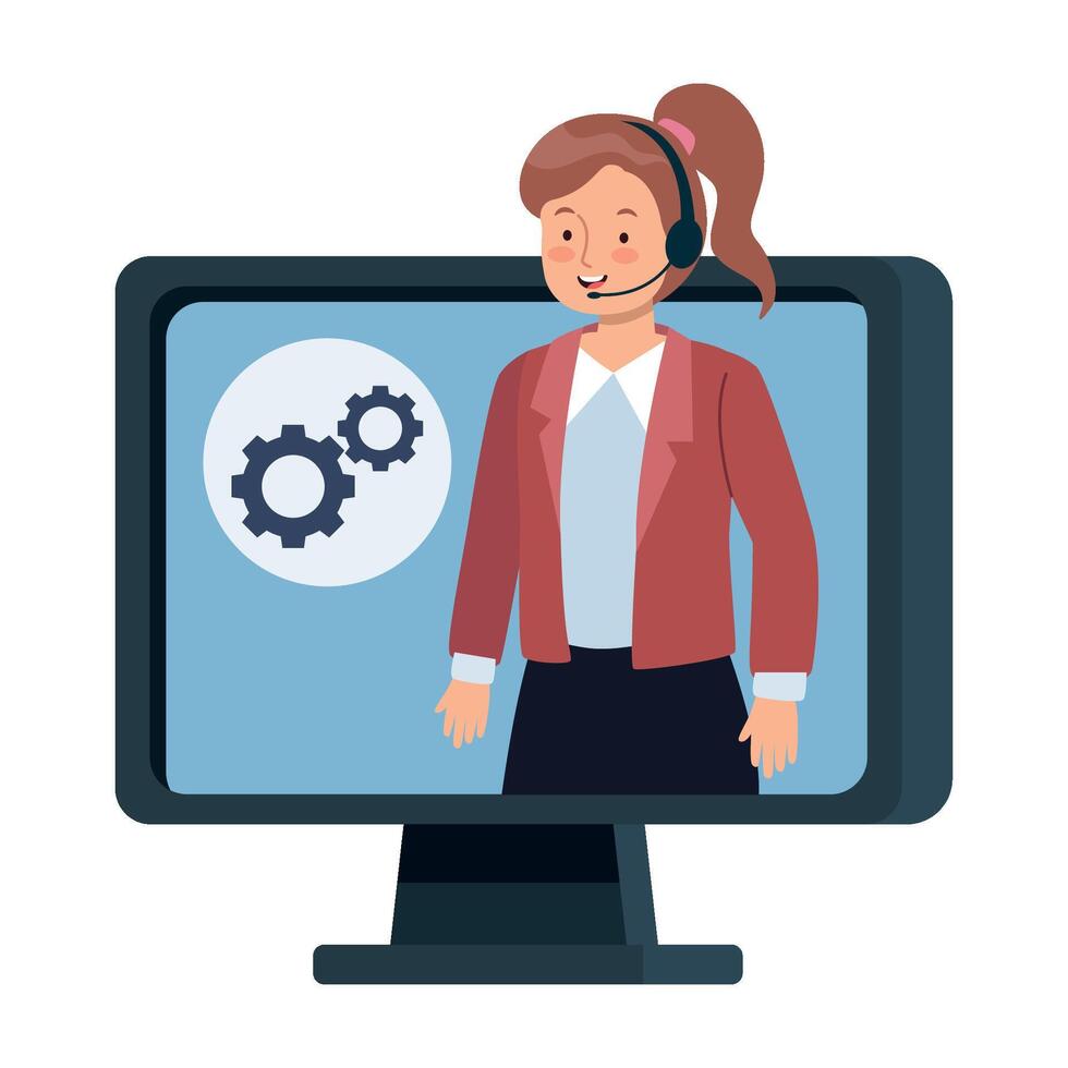 Call center operator with headset and gears on monitor vector