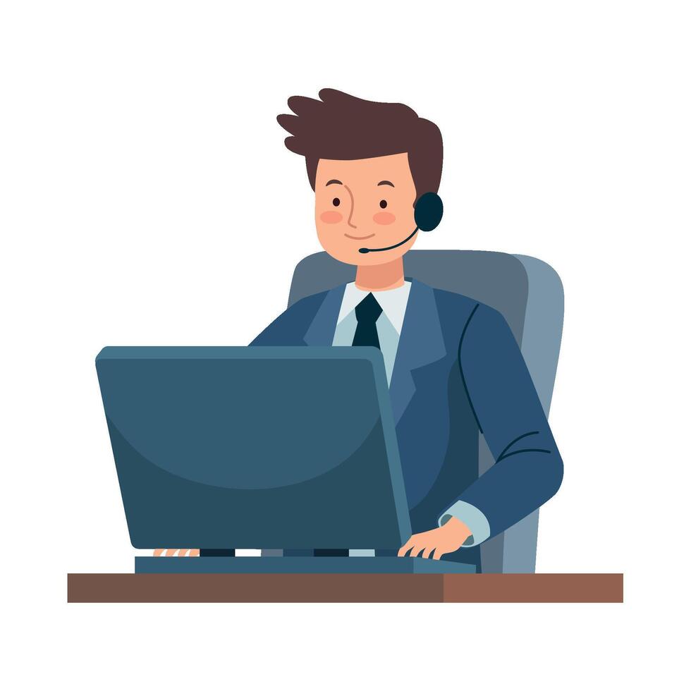 A man in a suit is sitting at a desk with a computer vector
