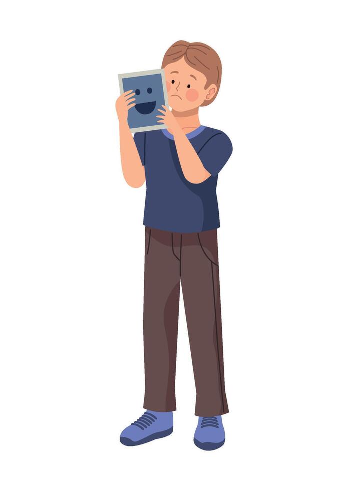 Boy holding a tablet computer, cartoon character illustration vector