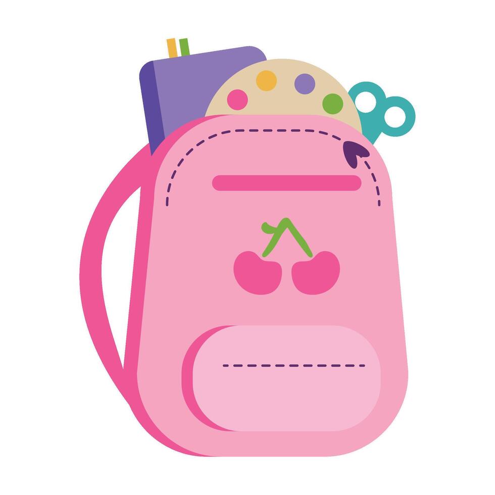 A pink backpack with a pencil, scissors and other supplies vector