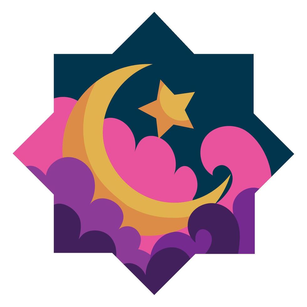 The crescent and star in the sky with clouds vector