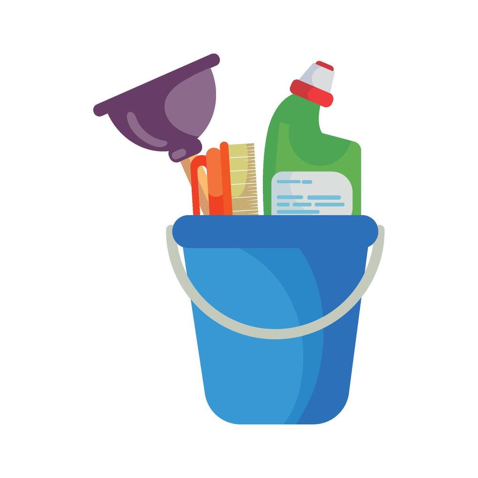 Cleaning supplies in a bucket with a bottle of bleach vector