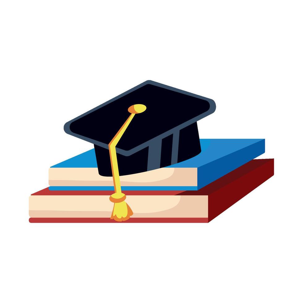 Graduation cap on top of books and a diploma vector