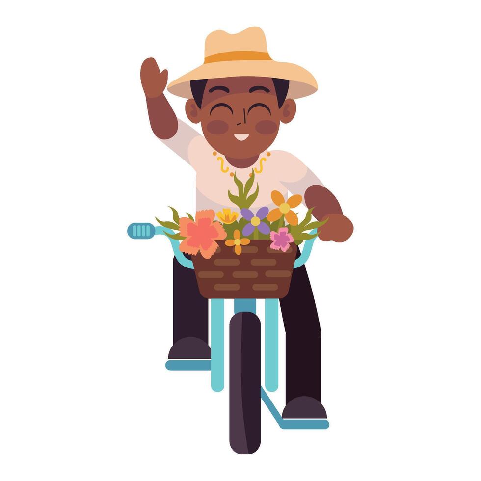 A cartoon man riding a bicycle with flowers in the basket vector