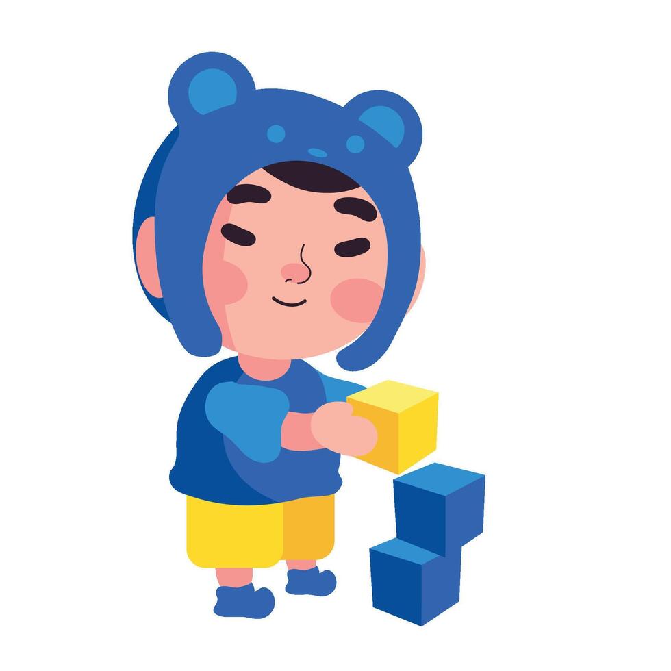 A cartoon boy in a blue bear hat is playing with blocks vector