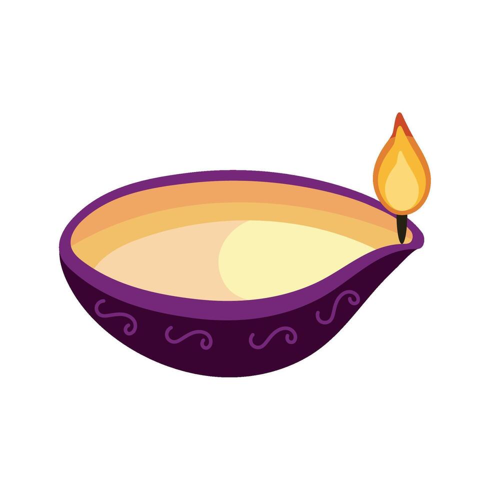 A purple and yellow diya with a lit candle vector