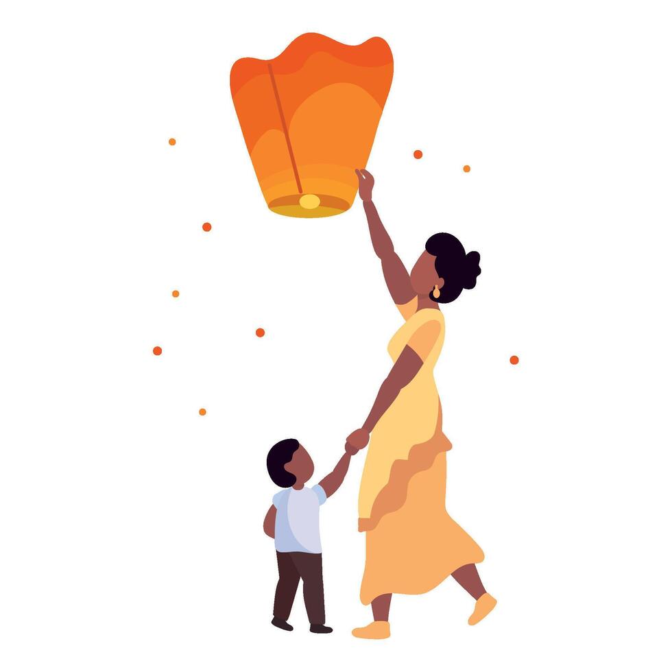 An illustration of a woman holding a child up to a paper lantern vector