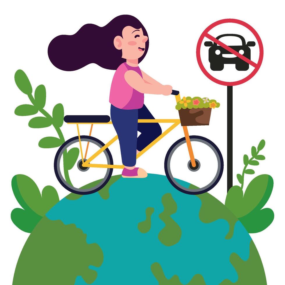 A woman riding a bicycle on top of a globe with a sign that says no cars vector