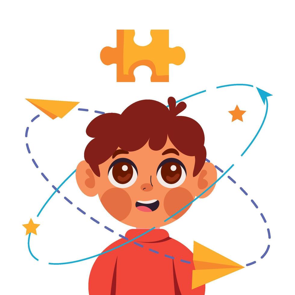 A boy with a puzzle piece on his head vector