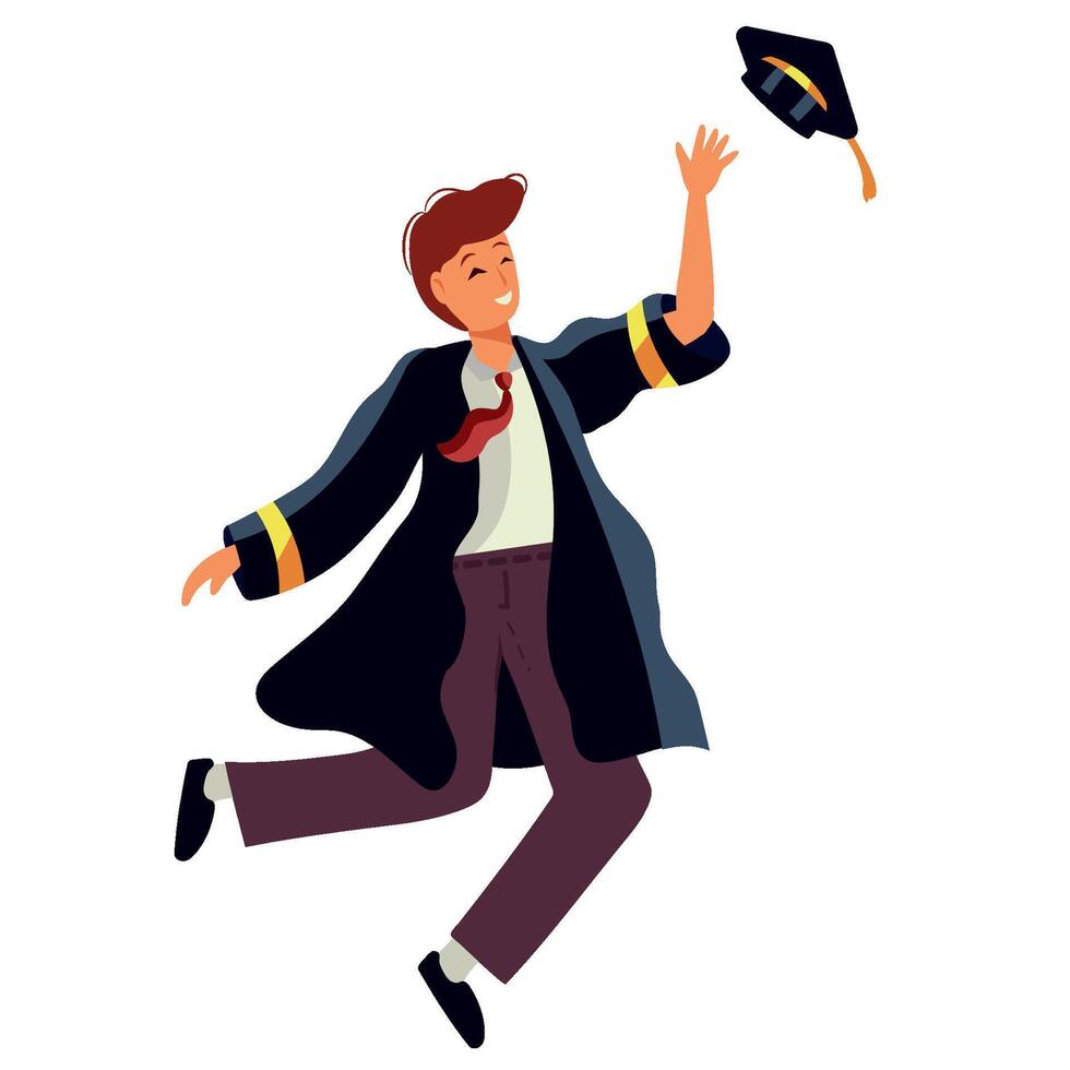 A man in a graduation gown is jumping with his cap vector