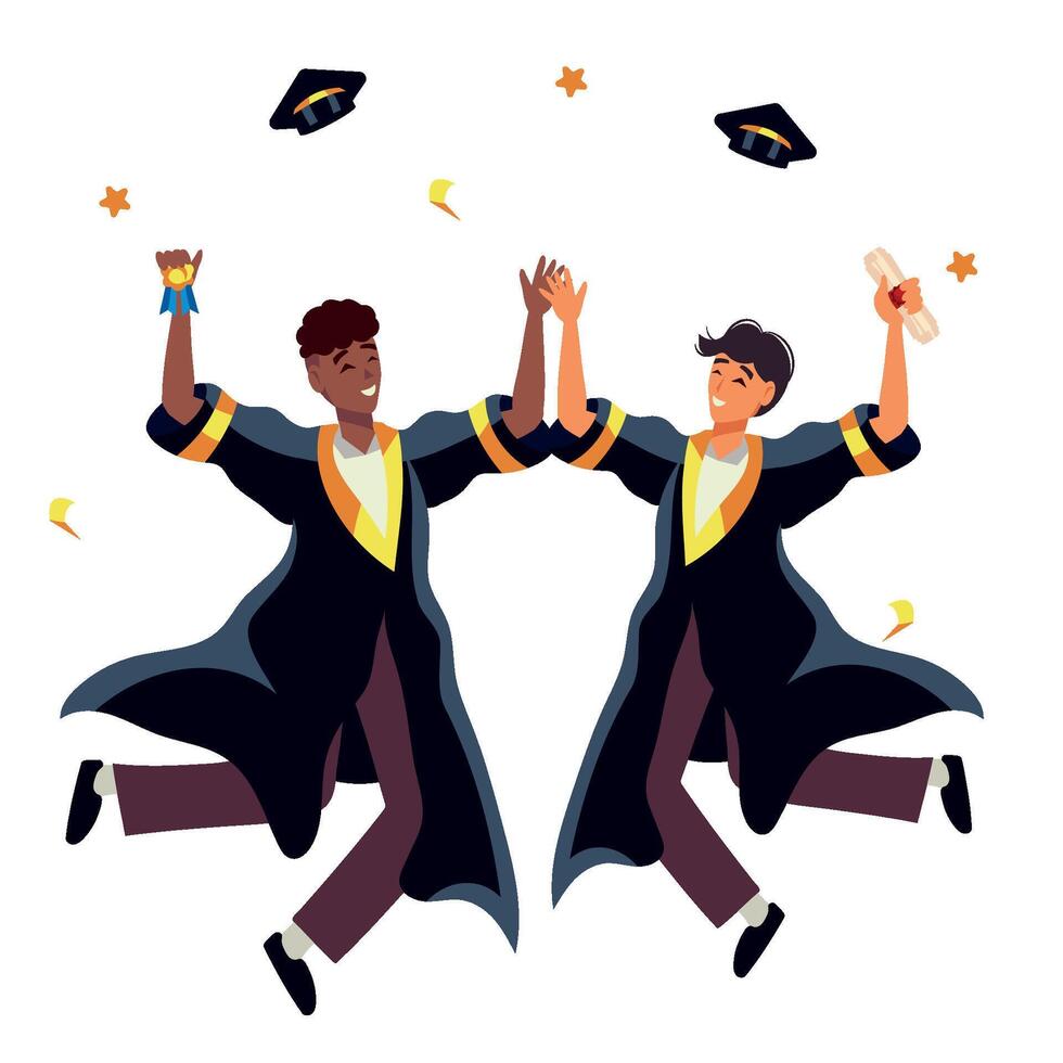 Two graduates jumping in the air with their caps in their hands vector