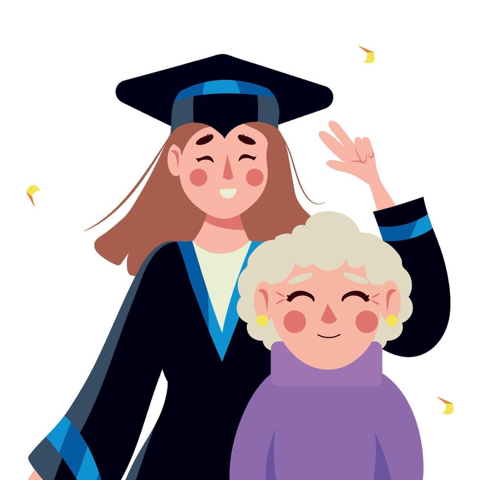An illustration of a woman in a graduation gown and a woman in a graduation cap vector