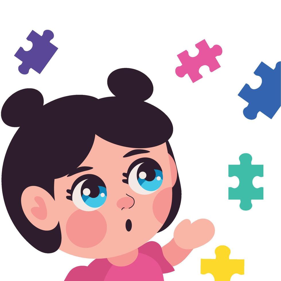 A girl is looking at a puzzle piece vector