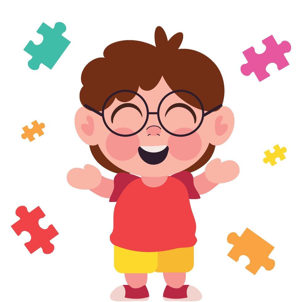 A cartoon boy with glasses and puzzle pieces vector