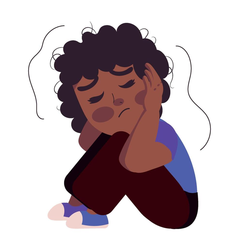 A cartoon boy sitting on the floor with his head in his hands vector