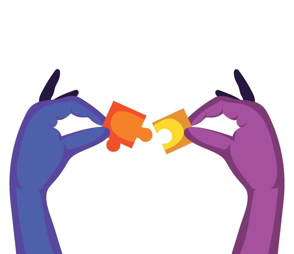 Two hands holding puzzle pieces in front of each other vector