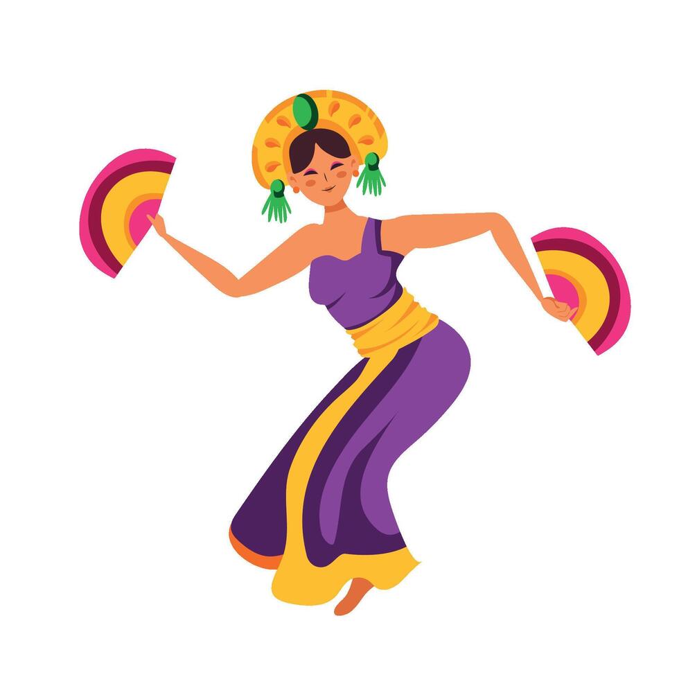 A woman in a colorful dress dancing with a fan vector