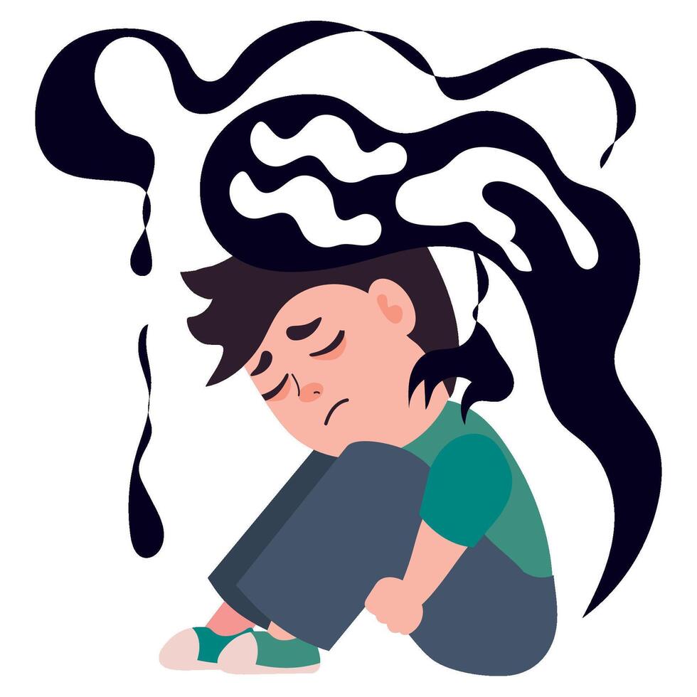 A cartoon boy sitting on the ground with his head down vector