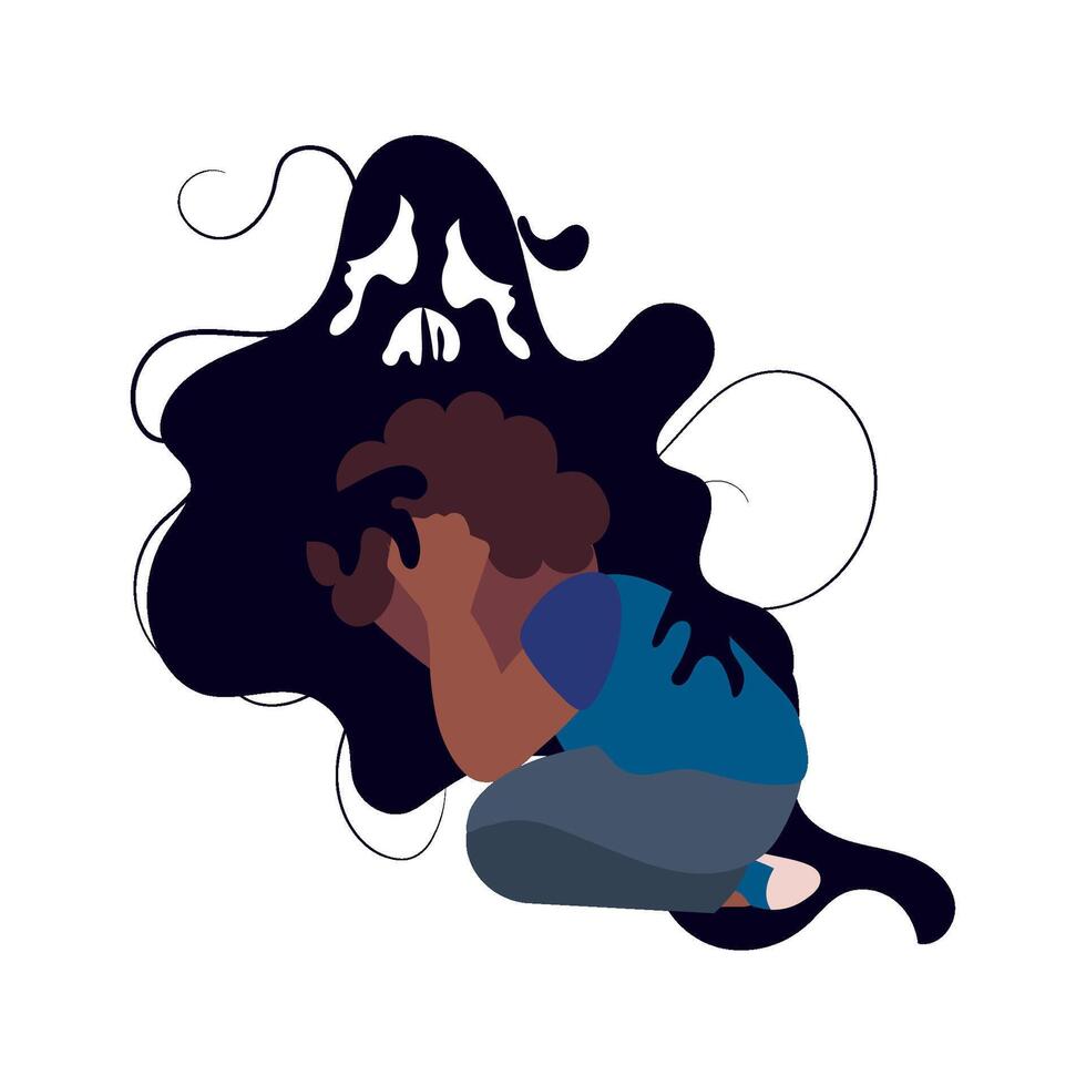 A woman is sitting on the ground with her head in her hands vector