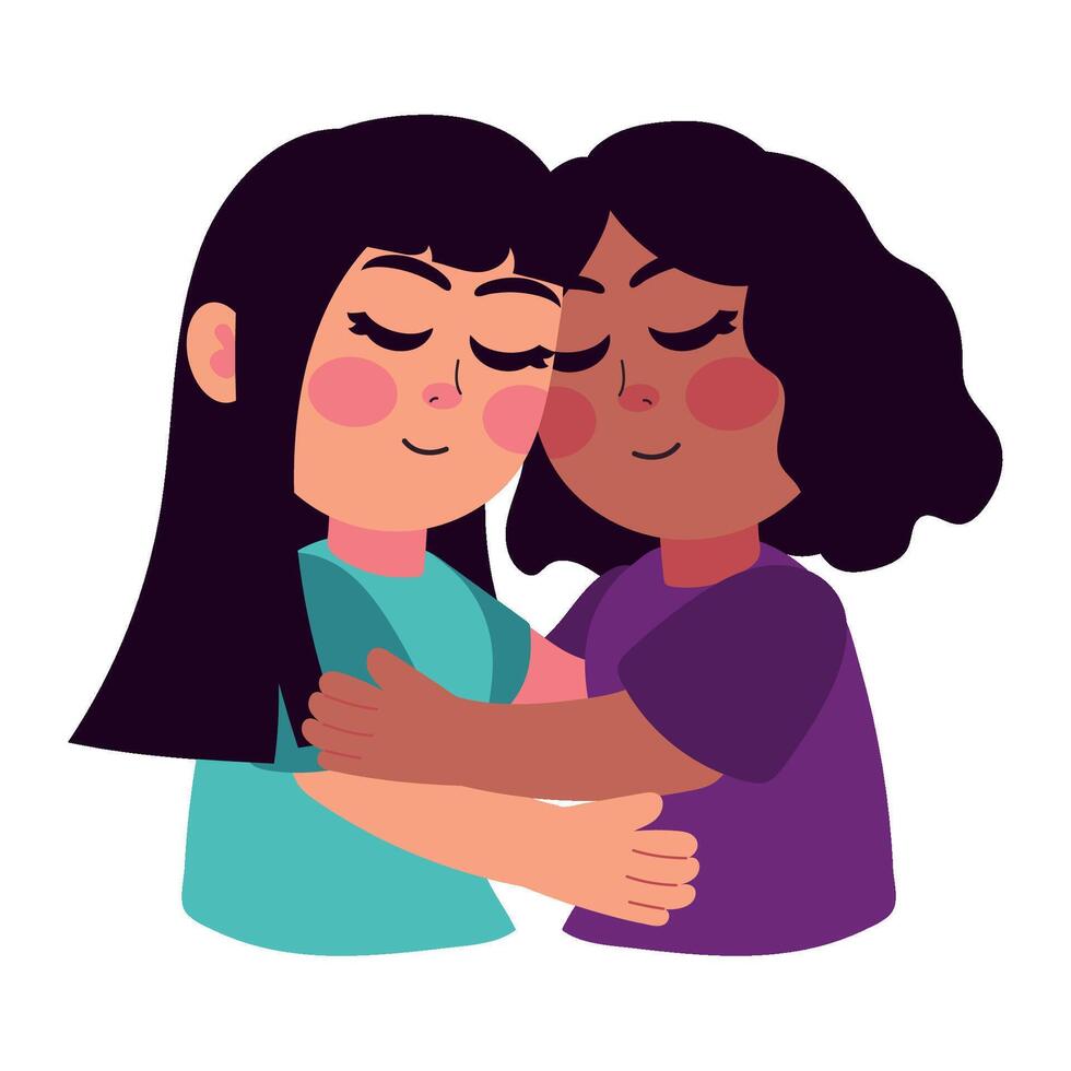 Two women hugging each other, one is wearing purple and the other is wearing blue vector