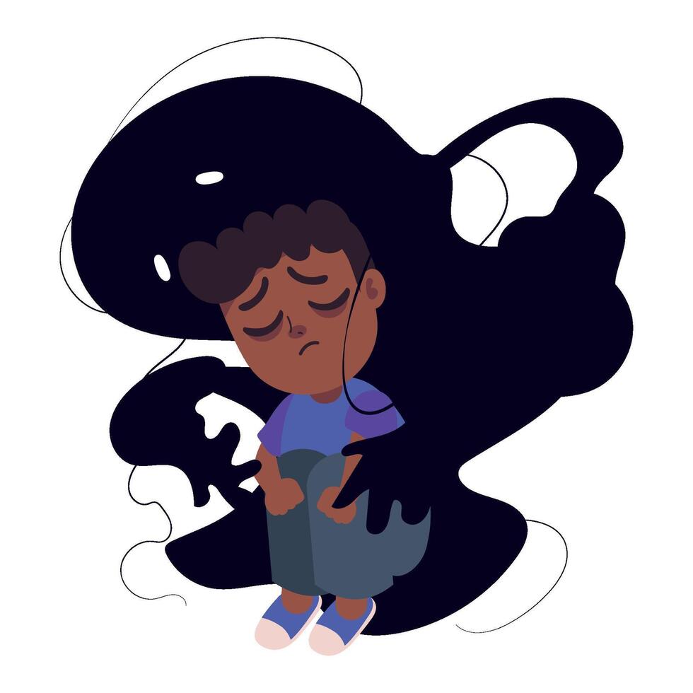 un dibujos animados chico sentado en el suelo con un negro sombra vector