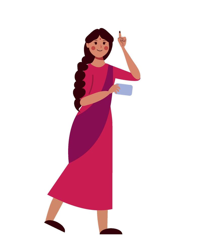 Indian woman in pink dress holding a phone vector
