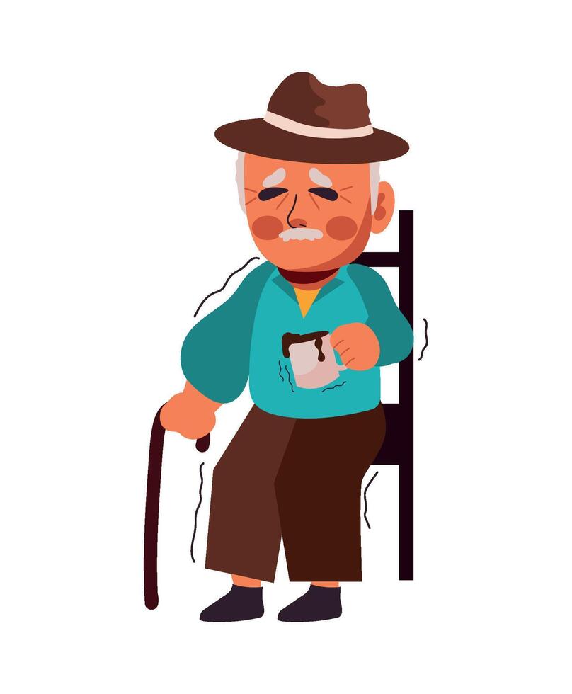 Old man sitting on chair with cup of coffee illustration vector