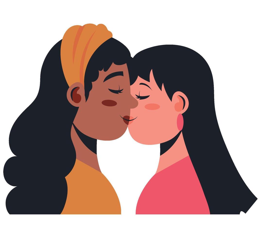 Two women kissing, one with her head down and the other with her head up vector
