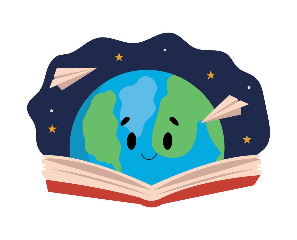 Earth book with paper plane and book with earth planet illustration vector