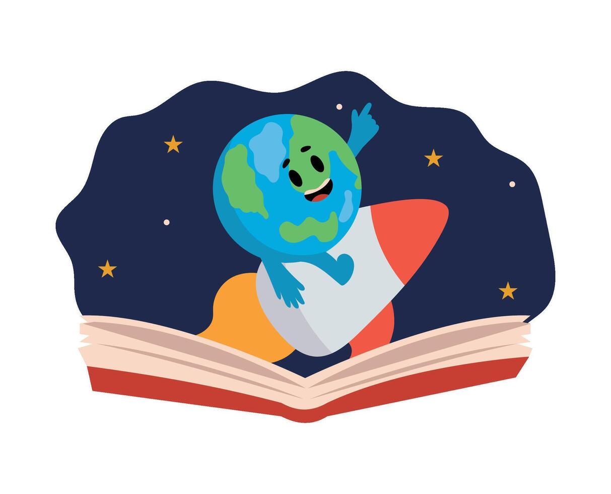 Earth on rocket book with stars and planets illustration vector