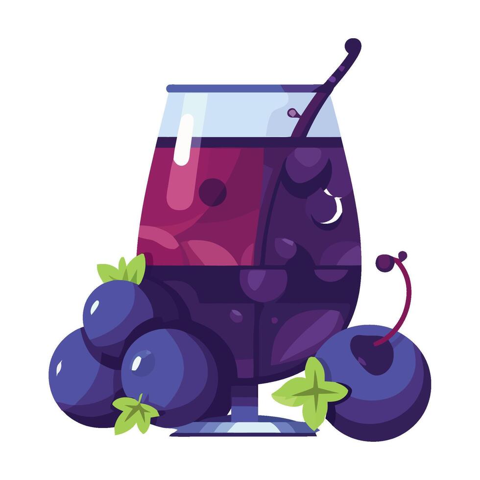 A glass of blueberry juice with berries and leaves vector