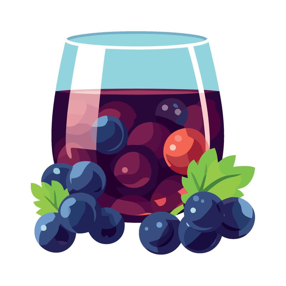A glass of blueberry wine with leaves and berries vector