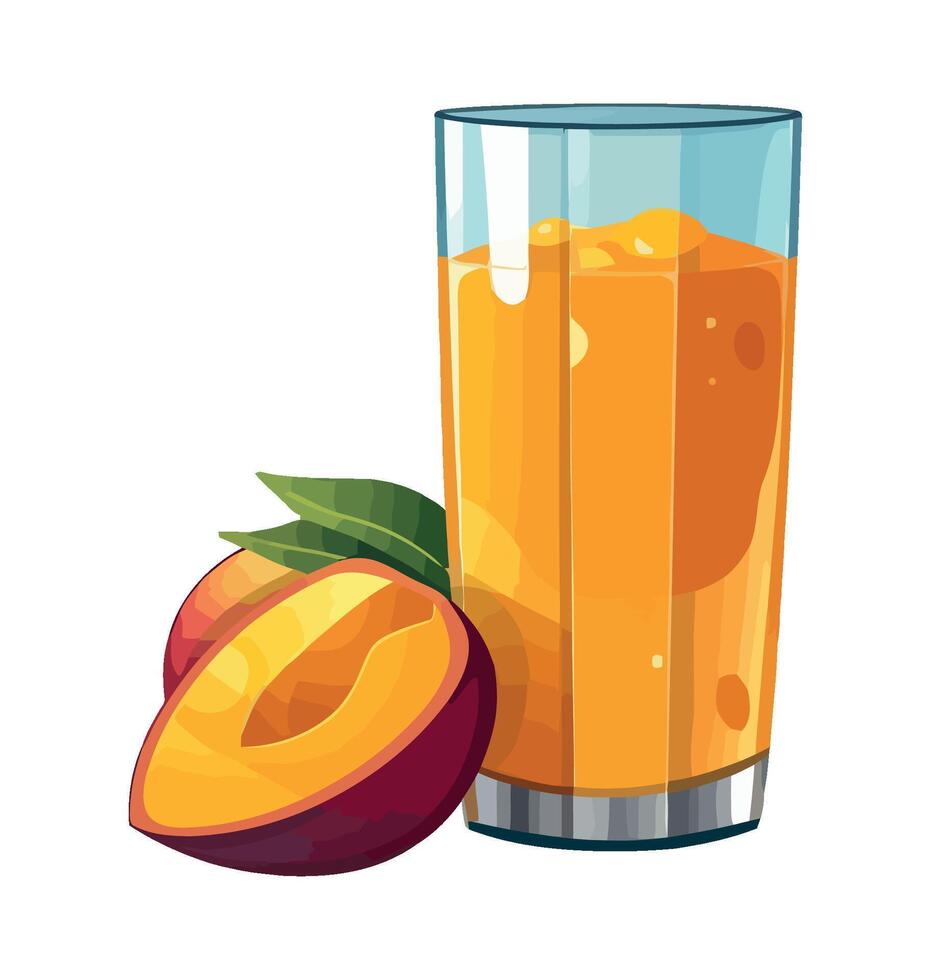 A glass of peach juice with a peach on the side vector