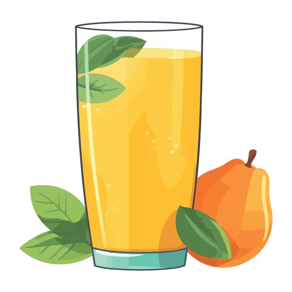 A glass of orange juice with a pear and leaves vector