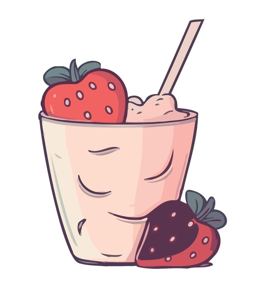 A strawberry milkshake with strawberries and a straw vector