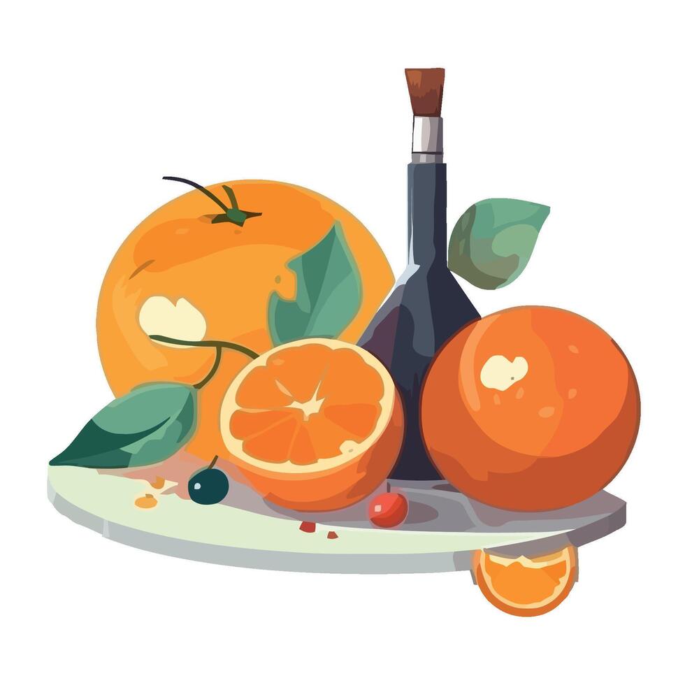 Orange and wine bottle on a plate with oranges and berries vector