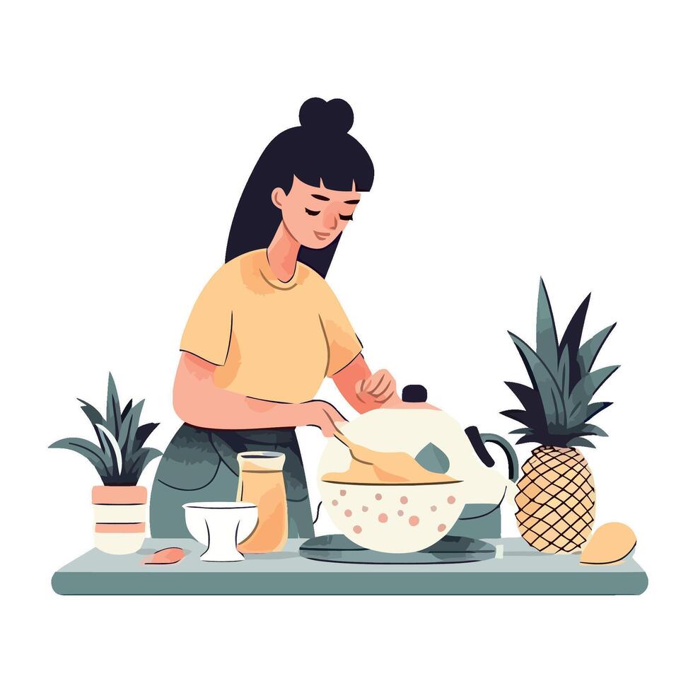 Woman cooking food in kitchen with pineapple and other fruit vector