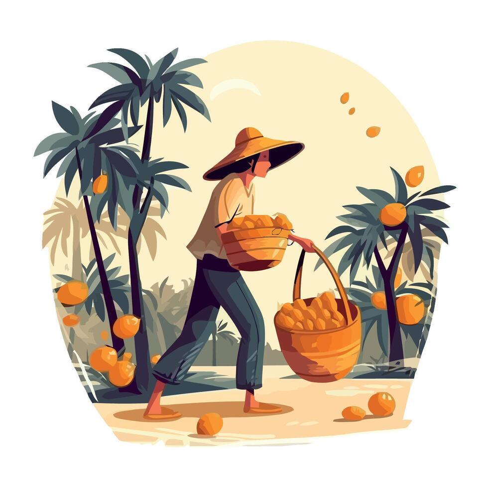 A woman carrying baskets of oranges in the jungle vector