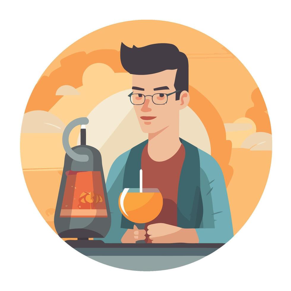 A man with glasses and a drink is sitting at a table with a glass of orange juice vector