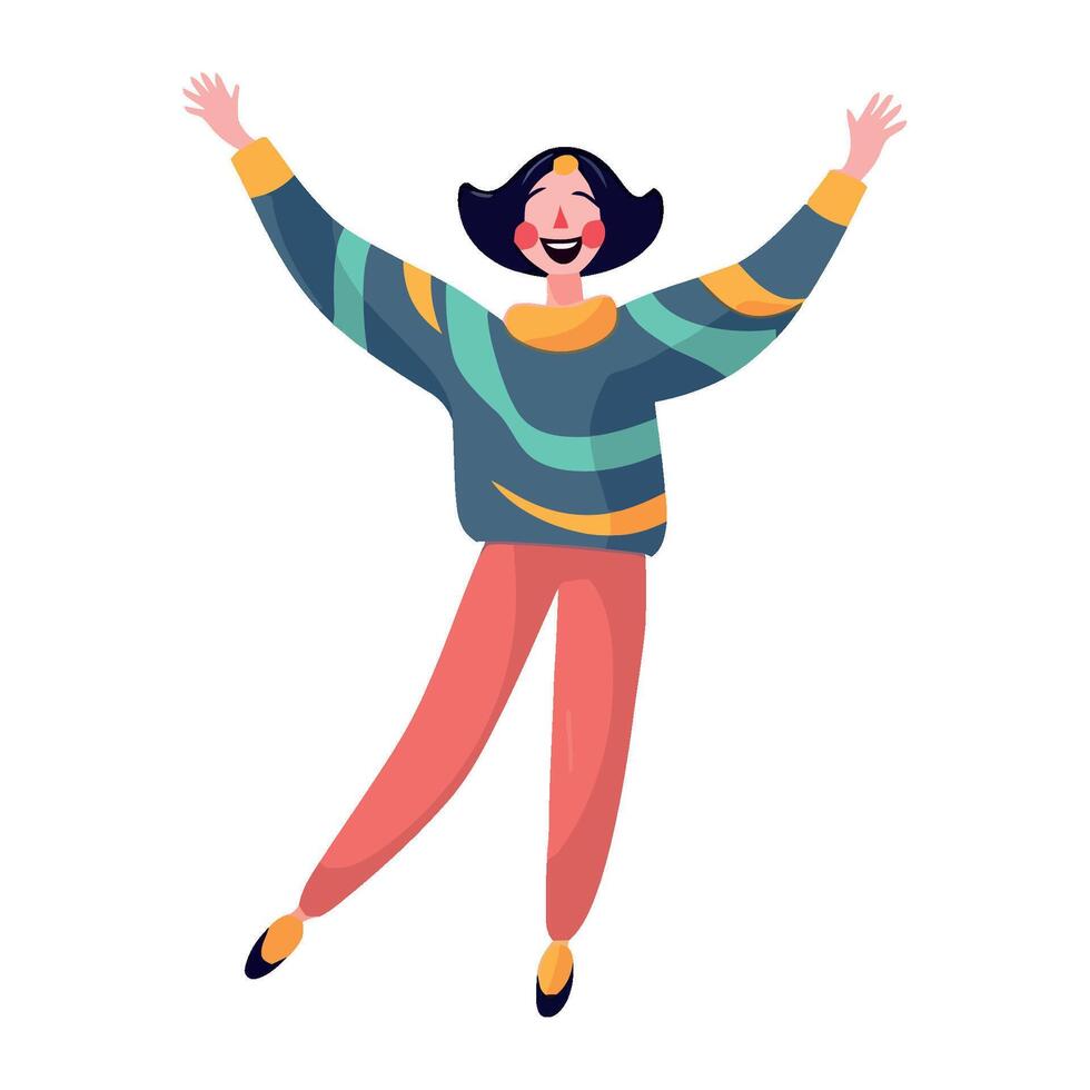 Happy woman jumping with arms up, flat illustration vector