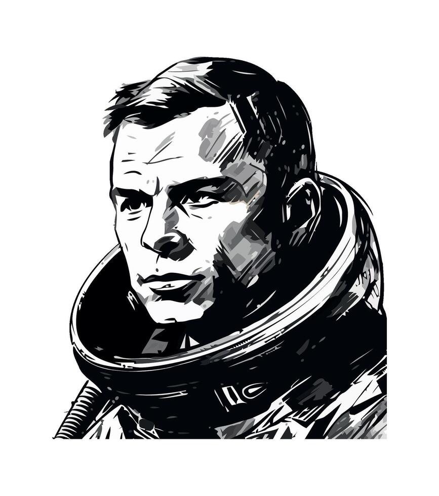 A black and white drawing of a man in an astronaut suit vector