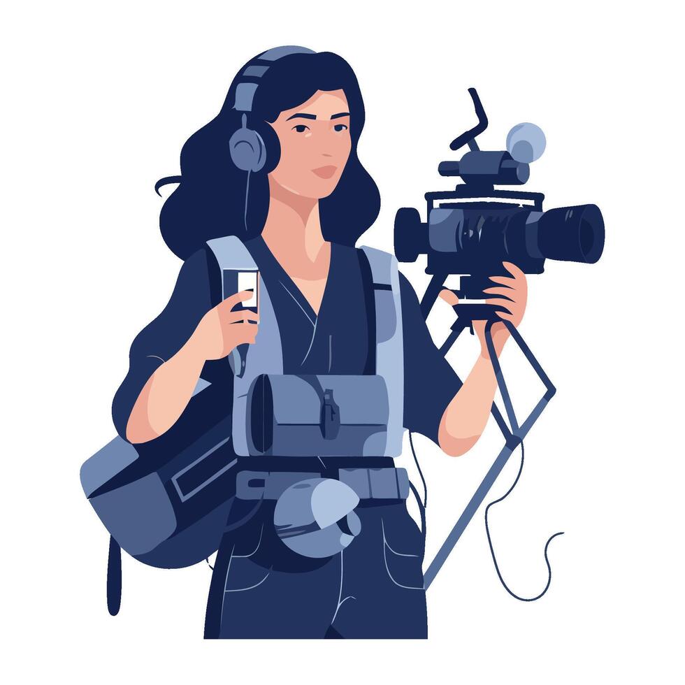 A woman with headphones and a camera vector