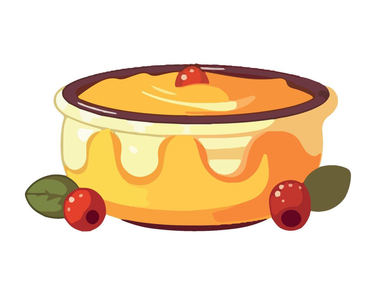 A bowl of pudding with berries and cherries vector