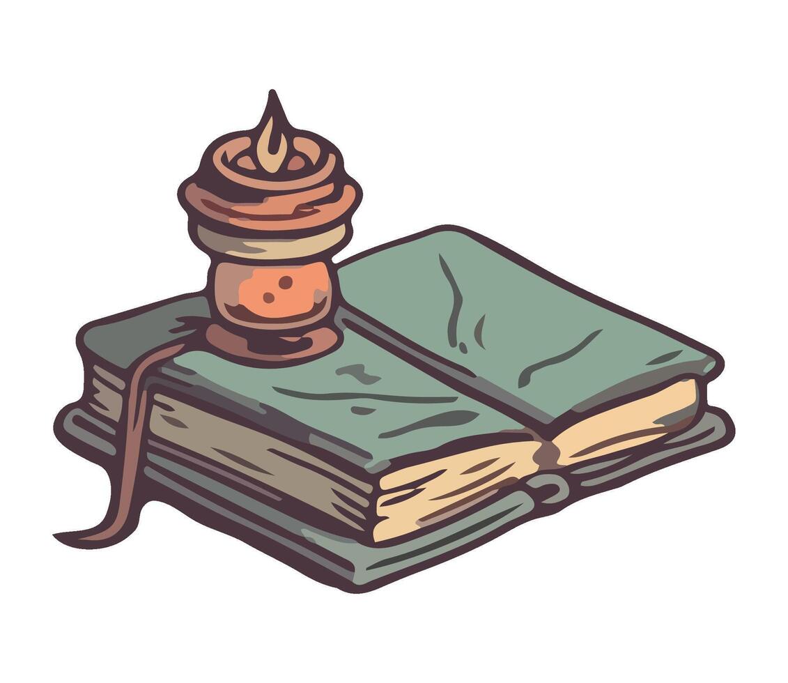 An old book with a candle on top of it vector
