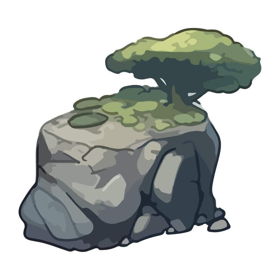 A cartoon rock with a tree on top vector