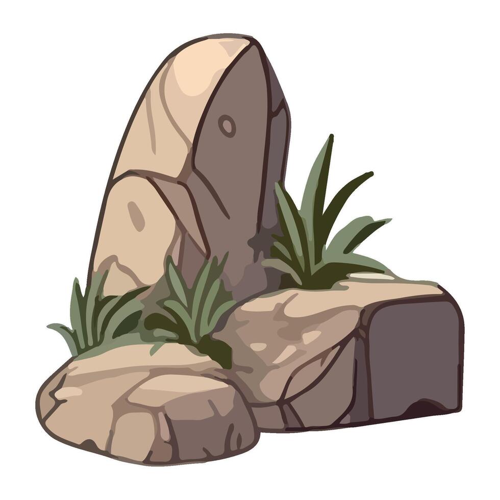 A cartoon rock with plants and grass vector