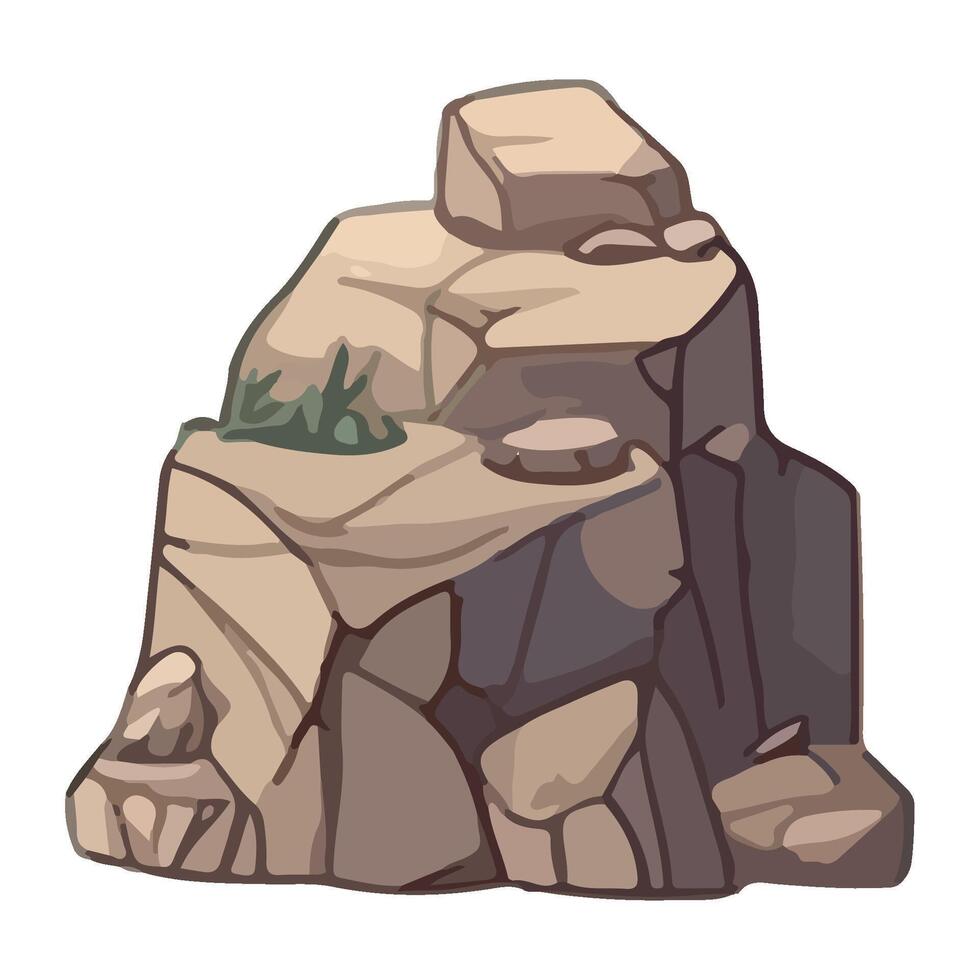A cartoon rock with plants and grass on it vector